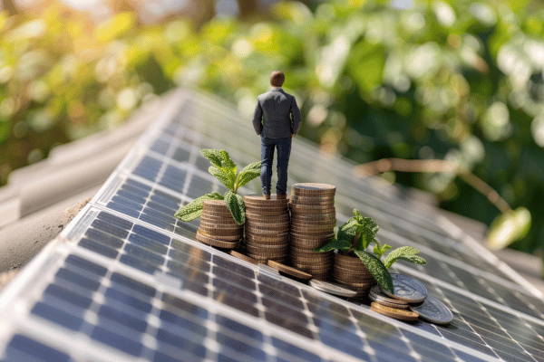 A Businessman Stands on Stacks of Coins atop Solar Panels