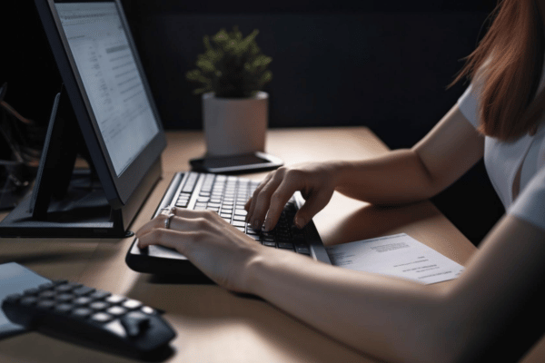 A person typing on a keyboard in front of a computer screen, with a document and calculator on the desk, illustrating the process of filling out an online form.